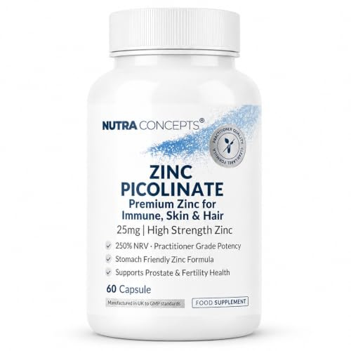 Nutraconcepts Zinc Picolinate – 25mg Elemental Zinc – 250% NRV – High Absorption – Immune, Skin, Hair & Prostate Support – With Alfalfa – 60 Vegan Capsules – Zero Fillers – Hypoallergenic – Made in UK