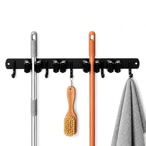 Yoanxong Broom Mop Holder Wall Mounted, Broom Holder Self Adhesive with 4 Grippers and 5 Hooks, Heavy Duty Broom Storage for Broom Cupboard Kitchen Bathroom Garage and Garden Tool Organiser (Black)