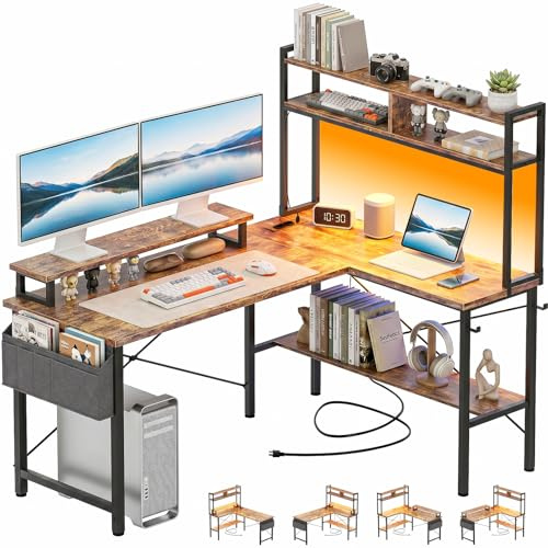 Homieasy Mesa Gaming en L 124cm con LED y Enchufes, Marrón Rústico | Reversible, Estantería, Soporte Monitor y Bolsa, Ahorro Espacio, Metal y MDF, Casa