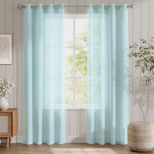 TOPICK Voile Vorhang Mit Ösen Transparent Gardine Gaze Paarig Ösenschals für Wohnzimmer Schlafzimmer 225 cm x 140 cm(HxB) 2er - Set Hell Blau