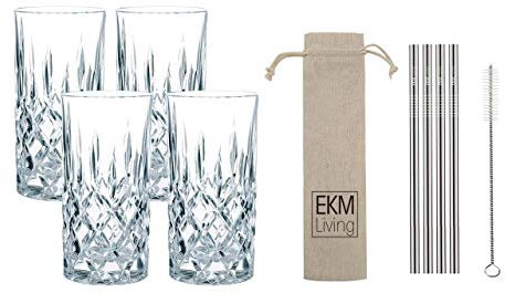 EKM Living Spiegelau & Nachtmann, 4-teiliges Longdrink-Set, Kristallglas, 375 ml, Noblesse, 0089208-0 + 4er Set Edelstahl Strohhalme (Silber gebogen)