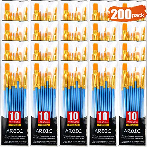 AROIC 200 Pcs Paint Brushes, Nylon Hair Brush Set for Oil and Watercolor