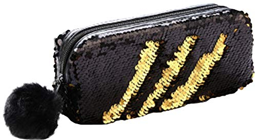 Martin Kench Farbe Pailletten Mäppchen Stiftetasche Federtasche Stiftemappe Make-up Tasche Schreibwaren Veranstalter für Schule & Büro/Mädchen und Frauen (Schwarz + Gold)