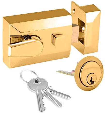 XFORT® Standard Deadlocking Night Latch 60mm, Complete with Rim Cylinder and 3 Keys, Elegant Polished Brass Nightlatch, External Door Lock for Front Door, High Security for Your Home or Workplace