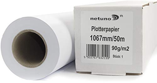 Netuno 1 Rolle Inkjet-Plotterpapier 90g 1067 mm x 50 m 50 mm 2 Zoll Kern Weiß Matt Unbeschichtet Hochwertiges Papierrolle für CAD-Ausdrucke Baupläne Zeichnungen Poster Plakate Großformatdrucker