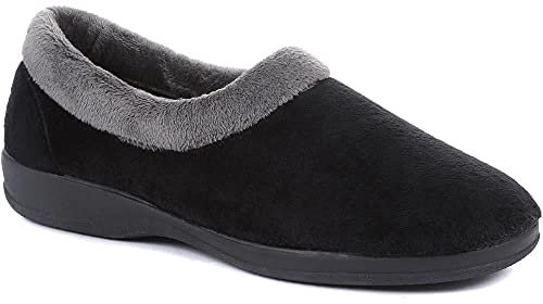 Pavers Women's Fluffy Sandals in Black - Faux Fur Slip-Ons Slippers Offering Warmth and Comfort - Distinctive Fur Collar Design - Size UK 7 / EU 40