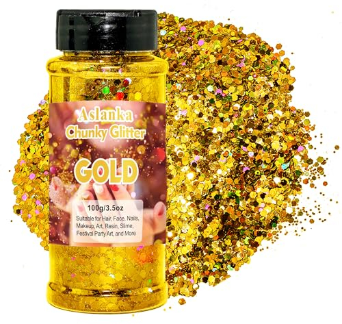 Aslanka 100g Brillo Corporal, Oro Purpurina Gruesa Holográfica, Chunky Glitter Flakes Paillette Brillante Decoración para Cara Maquillaje Pelo Arte Corporal Uñas y Hacer Manualidades