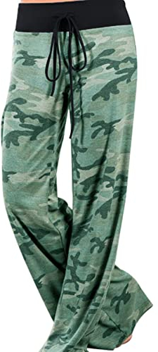 AMYTIS LINGERIE Damen Blumenmuster Weite Bein Lange Hose Schlafanzughose weich Pyjamahose Fitness Freizeithose Strandhose Weites Bein Hose Army Green#0620,XXL