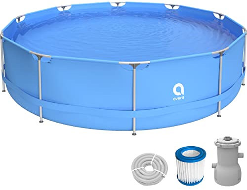 Avenli Pool 360 x 76 cm Stahlrahmen Aufstellpool Set mit Pumpe blau rund Framepool Swimming Schwimmbecken (366 x 76 cm)