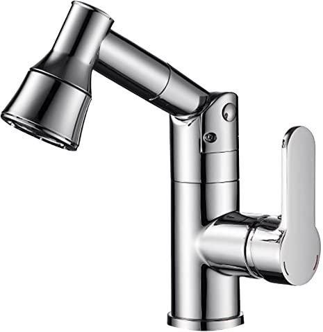 WPHH Rubinetto Bagno Estraibile, Rubinetto per Lavabo Girevole A 360 ° con Spruzzatore Estraibile A 4 modalità, Rubinetti Miscelatore Lavabo in Ottone Cromato A Maniglia Singola