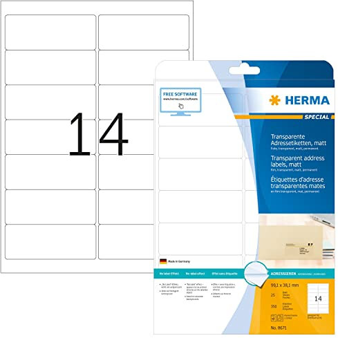 HERMA 8671 Wetterfeste Folienetiketten transparent, 800 Blatt, 99,1 x 38,1 mm, 14 pro A4 Bogen, 11200 Stück, selbstklebend, bedruckbar, matt, blanko Klebeetiketten Aufkleber aus Folie, durchsichtig