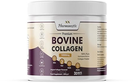 Pharmanostix Hydrolysed Bovine Collagen Powder 10000mg Type 1 & 3 Unflavoured- Grass Fed -18 Amino Acids- High Strength Protein Peptides for Women & Men- Halal - for Healthy Skin Hair Nails -Keto