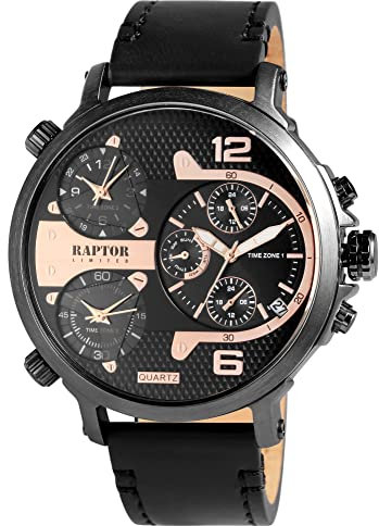 Raptor Limited Herren-Uhr Leder Armbanduhr schwarz roségoldfarbig Zeitzonen Datums-/ Wochentaganzeige 24 Std. Tachymeter
