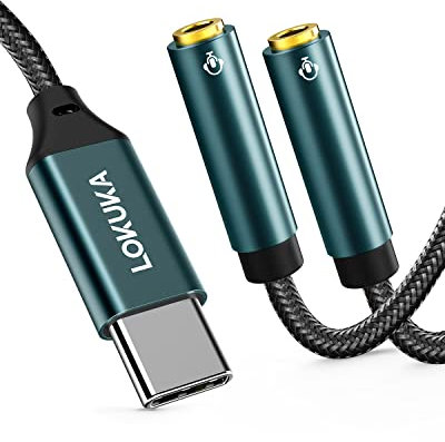 LOKUKA USB C to Dual 3.5mm Female Headphone Splitter, Type C to AUX TRRS 2-in-1 Audio Adapter with Hi-Res DAC Chip, for USB-C Smartphone, Laptop, Pad to Two Headphones, Speakers, TRRS Microphones