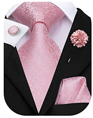 Hi-Tie Cravate et boutons de manchette carrés en soie pour homme en jacquard pour mariage d'affaires, rose b, M