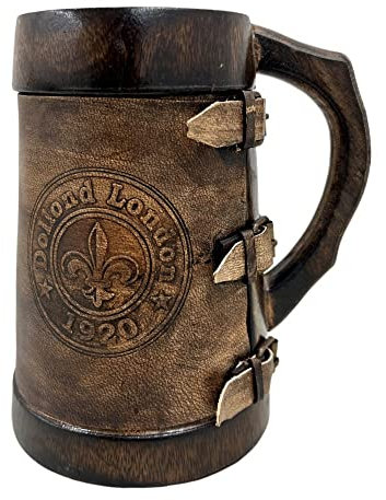 collectiblesBuy Boccale da birra artigianale in legno con involucro in pelle, design vintage Dollond London 1920, tazza rustica marrone scuro per birra, caffè, tè, regalo ideale