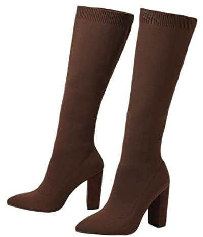 PAXAS Botas altas hasta la rodilla para mujer, de tela elástica, puntiaguda, tacón cuadrado, informales, sin cordones, color marrón, talla 37