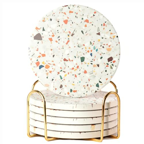 Terrazzo Lot de 6 dessous de verre absorbants avec support en céramique pour boissons, décoration de table basse, dessous de verre en pierre absorbant l'eau pour boissons (marbre)