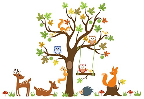 Wandtattoo kinder Babyzimmer Aufkleber Eule Eulen Wandsticker Wand Waldtiere Kinderzimmer Wandaufkleber Dekoration fürs Baby Kindergarten Baum XL