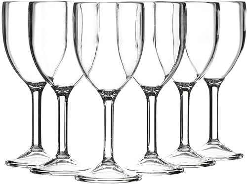 SECO Lot de 6 verres à vin réutilisables en polycarbonate de 265 ml, faciles à tenir, pratiquement incassables, parfaits pour les événements, le camping, les repas en plein air – Transparent