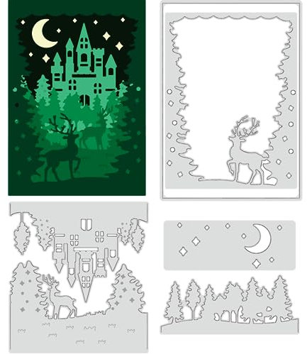 BENECREAT 3 Stück Geschichtete Hirschschloss-Metall-Stanzformen, 3D-Hintergrund Rahmen Weihnachten Stanzformen Für Scrapbooking, Festival, Geburtstag, Hochzeitskarten, Herstellung von Alben