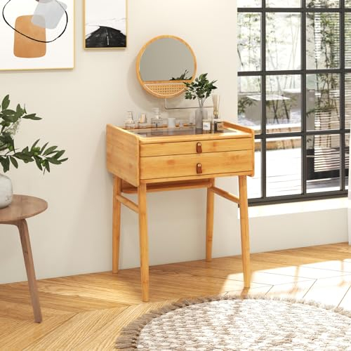 GIANTEX Schminktisch mit schwenkbarem Spiegel, Frisiertisch Kosmetiktisch aus Massiv Bambus, Make-up Tisch mit Glas Tischplatte & 2 Schubladen, 60 x 46,5 x 125 cm, Natur, für Schlafzimmer Wohnzimmer