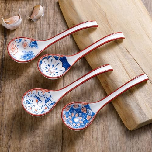 Lot de 4 cuillères à soupe asiatiques en porcelaine ultra fine, long manche facile à tenir, fond antidérapant, ramen chinois/japonais, wonton chinois, raviolis, pho, cuillères à soupe pour nouilles