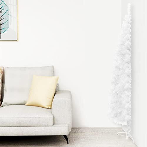 Homgoday Mezzo albero di Natale artificiale sottile, con supporto, bianco, 210 cm, albero di Natale per interni ed esterni, decorazione per la casa