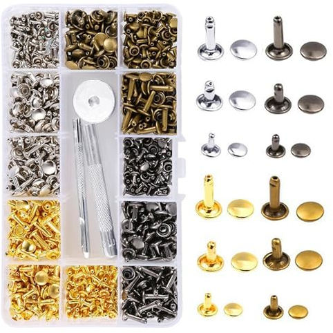 Forhome Rivets en Cuir, Ensemble de 360 Double Rivet Couture, Double Rivet Goujons Tubulaires en Métal avec 3 Pièces Outil de Fixation pour Artisanat en Cuir DIY Rivets de Remplacement 4 Couleurs