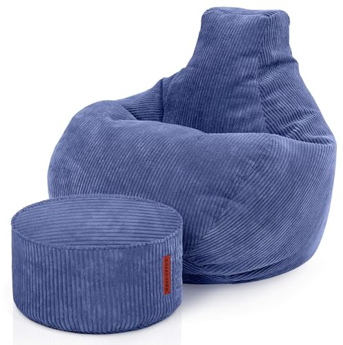 Green Bean® Sitzsack mit Hocker aus Cord - Sitzsäcke für das Wohnzimmer, Schlafzimmer, Sitzsack-Sessel für Erwachsene Dunkelblau