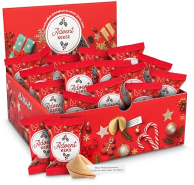 Glückskekse Weihnachten Adventskalender Füllung 24+1 Glückskekse für Adventskalender zum Befüllen, mit Lebkuchengeschmack, im Display, Nikolaus Geschenk, Wichteln Geschenk, Geschenkverpackung