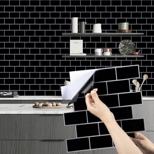Alened Black Peel and Stick on Tiles 12x12/30Pcs Self Adhesive Wall Tiles Waterproof Vinyl Subway Tile Stickers for Kitchen Backsplash Bathroom Decor