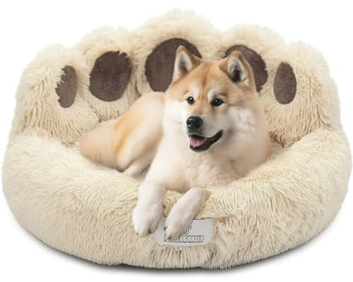 pfoten&nasen® Bärenpfote Hundebett [Beige, M-75cm] – Flauschiges Donut Hundebett im Bärenpfoten-Design, Rund & Waschbar, Bequemes Kuschelbett für Mittelgroße Hunde