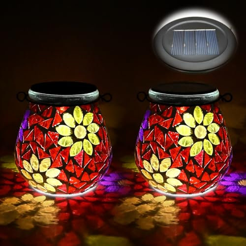 TOTHDATE 2PCS Solar Mosaik Leuchte Oval für Außen, On/Off Glas Mosaik Hängend Licht Solarlaterne Tischleuchte IP65 Wasserdicht für Rasen Pfad Hof Deck Boden Teich, Blumen Mosaik Licht 2