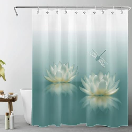 LB Zen-Blume Duschvorhang 120x175cm(BxH) Libellen-Seerose Antischimmel Wasserdicht Badezimmer Vorhänge, Japanisches Garten-Spa Extra Kurz Polyester Stoff Bad Vorhang mit Haken