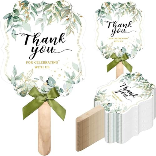 Wedding Fans for Guests - 10PCS Wedding Fans for Guests with Floral Design and Thank You Print, Hand Green Leaf Fan with Wooden Handle and Green Ribbonfor for Ceremony Reception, Handheld Fan Favors