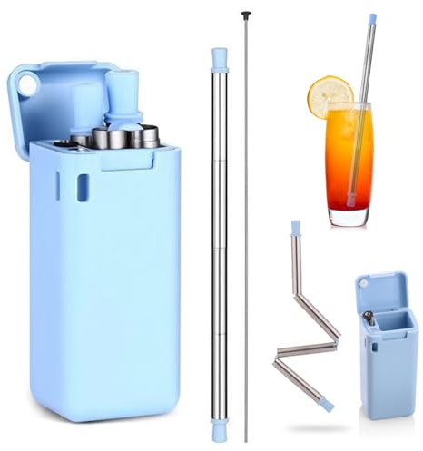 Reusable Telescopic Straw, Single Foldable Stainless Steel Drinking Straw with Blue Case, Collapsible Metal Straw with Cleaning Brush & Keychain, Eco-Friendly Portable Straw for Travel (1)