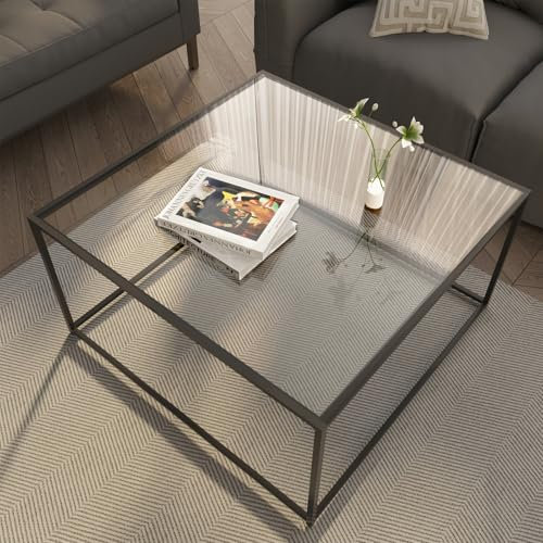 Mesa de centro de cristal moderna, mesa de centro minimalista, mesa de té lateral para sala de estar, parte superior de vidrio templado con marco de metal resistente, fácil montaje, 26.4 x 26.4 x 15.7