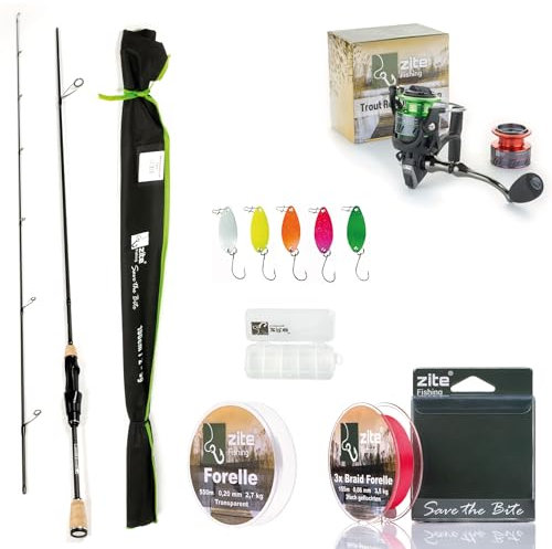 Zite Fishing UL Forellen-Rute 190cm 2-5g | Trout-Spoon Angel-Rute | Spinnrute Ultra Light mit Korkgriff für Forellen & Barsch Angeln (Rute mit Rolle, 2X Schnur und Spoons)