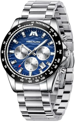 MEGALITH Armbanduhren Herren Chronograph Analog Quarzuhr Silber Groß Wasserdicht Herrenuhr Edelstahl Uhr Männer Geschenk (Blau)