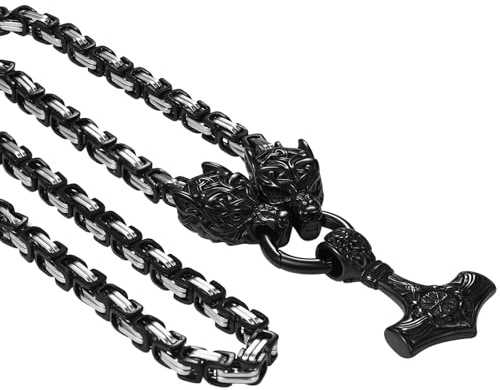Flonge Men's Viking Mjolnir Necklace: Vintage Wolf Head Thor Hammer Pendant Stainless Steel Necklace Norse Jewelry Gift