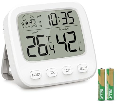 Brifit Mini Thermometer Hygrometer mit Wecker, Mini Raumthermometer innen mit Datumsanzeige und Raumklima-Indikator, Max/Min, Hydrometer Feuchtigkeit digital für Babyzimmer Wohnzimmer Büro Gewächshaus