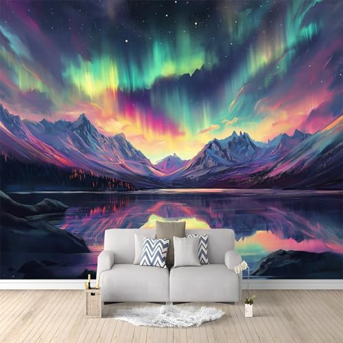Tapete Fototapete Fantasie Nordlichter Berge, 250 x 175 cm Vlies Tapeten Moderne Wandtapete Wohnzimmer Schlafzimmer Bunt Tapete ideal für Küche und verschiedene Räume