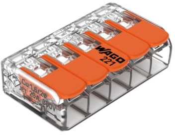 WAGO, bloque de terminales de palanca serie 221, paquete de 5, 5 entradas, compatible con cables rígidos, semirrígidos y flexibles de 0,14 a 4 mm², tensión 450 V, corriente 32 A