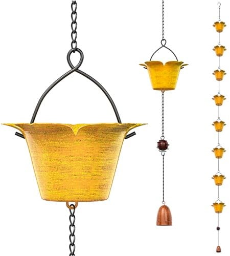 KHayRovies 7.74ft Rain Chains for Outside, 8 Bell Cups Copper Rain Gutter Chains, Metal Rain Catcher Chain for Eaves Drainage, Garden Rainwater Diverter Replacement Downspout (Yellow)