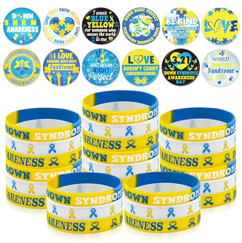 60 Stück Down-Syndrom-Zubehör, Großpackung enthält 30 blau-gelbe Bänder aus Silikon und 30 Ehlers-Danlos-Syndrom EDS Special Education Badges Button Pins für soziale Wohltätigkeitsorganisationen