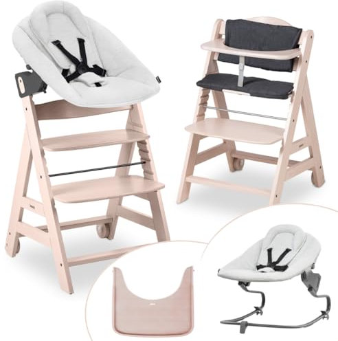 hauck Hochstuhl Beta+ Newborn Set Premium Light Grey - Babyhochstuhl Set ab Geburt mit Neugeborenen Aufsatz Bouncer, Sitzpolster und Essbrett - Whitewashed
