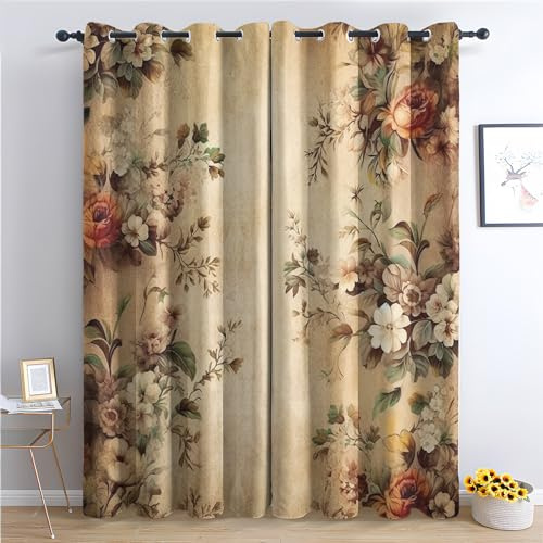 Generisch Vorhänge Vintage Blumen 2er Set, H 245 x B 140 cm, Dekoration | Floral Design, Wohnzimmer Schlafzimmer, blickdicht mit Ösen, Verdunklungsvorhänge, Thermovorhang, Fenster Gardinen