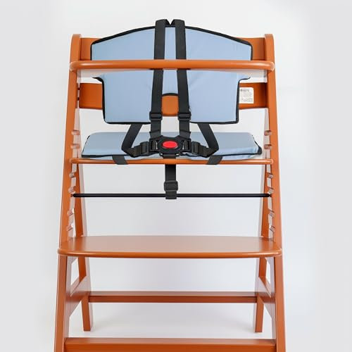 Universal Hochstuhl Sitzkissen und Gurtsystem Set, 6-teilig, Polster in Blau, 5-Punkt Gurt in Schwarz, Kinder Holzhochstuhl Komplett Set mit Sitzauflage, Sicherheitsgurt, Gurtpolster, Schrittgurt