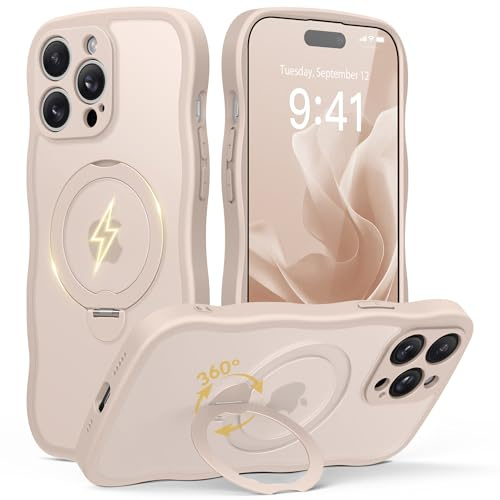 GolbinBox Magnetic for iPhone 14 Pro Case with 360° Stand for Women | [Compatible with Magsafe][Cute Wave Edge][Military-Grade Protection]Translucent Matte Case for iphone 14 Pro,Rose Gold